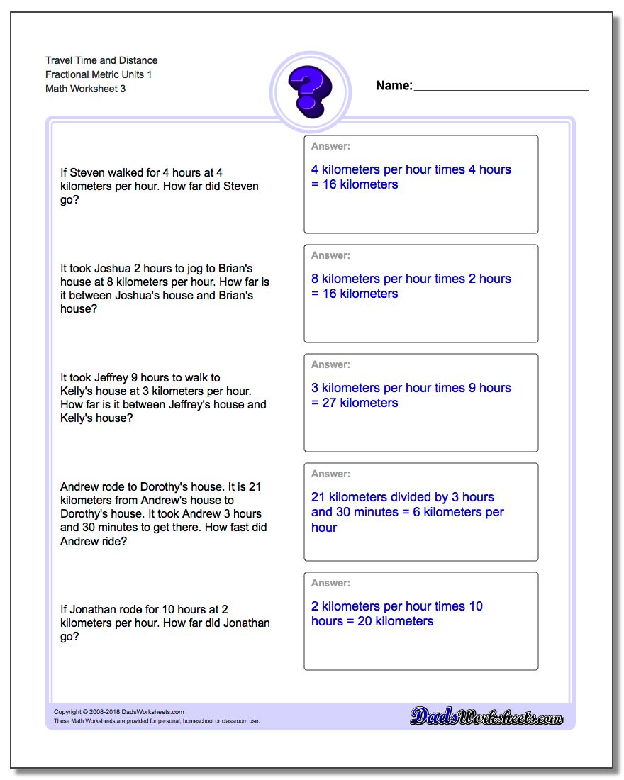 Travel Time and Distance Fraction Worksheetal Metric Units 1