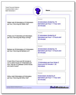 Travel Time and Distance Fraction Worksheetal Metric Units 1