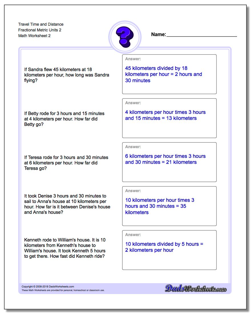 Travel Time and Distance Fraction Worksheetal Metric Units 2 www.dadsworksheets.com/worksheets/word-problems.html