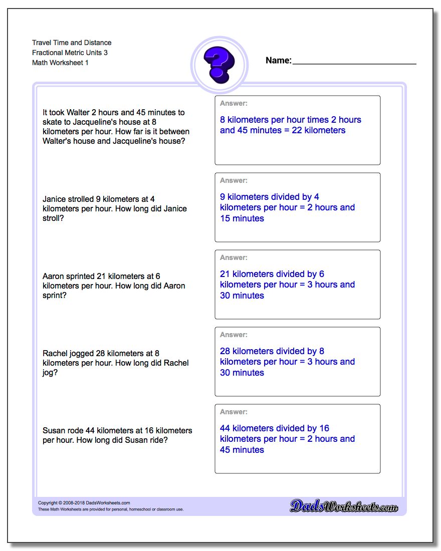 Travel Time and Distance Fraction Worksheetal Metric Units 3 Word Problems Worksheet