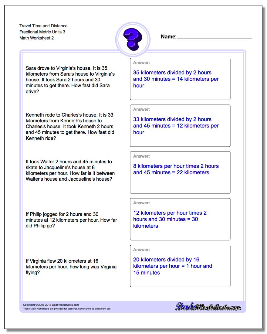 Travel Time and Distance Fraction Worksheetal Metric Units 3 www.dadsworksheets.com/worksheets/word-problems.html