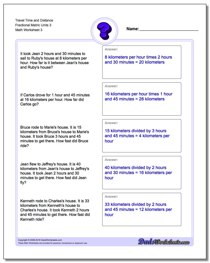 Travel Time and Distance Fraction Worksheetal Metric Units 3