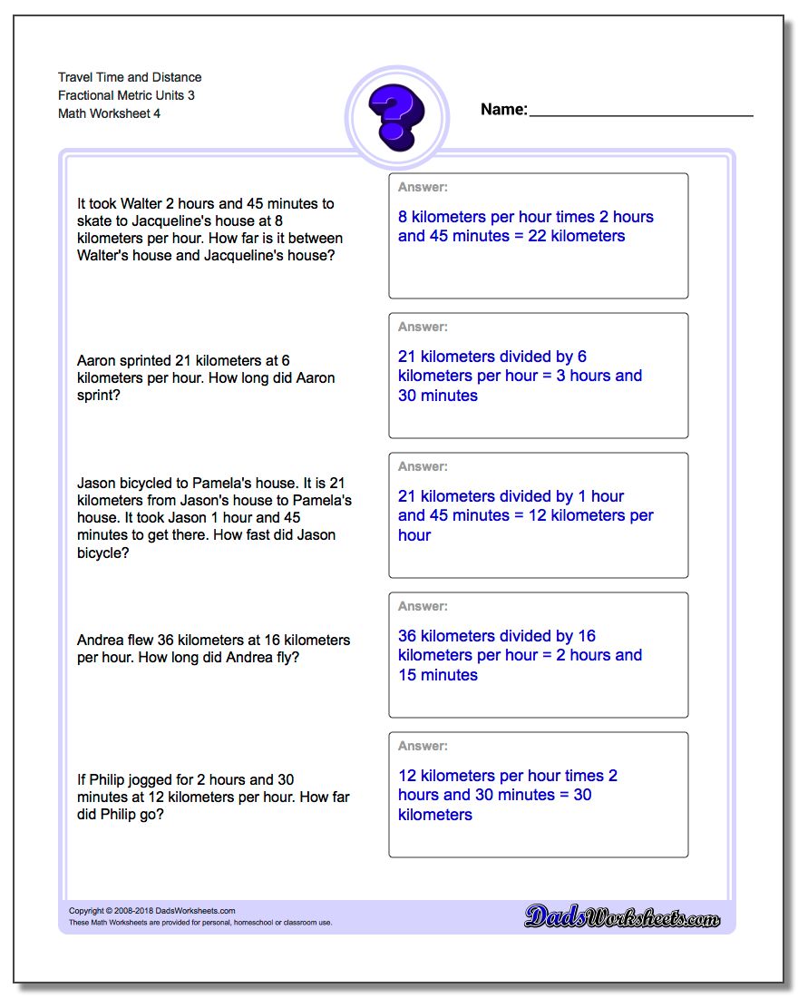 Travel Time and Distance Fraction Worksheetal Metric Units 3
