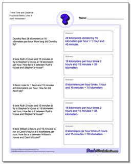 Travel Time and Distance Fraction Worksheetal Metric Units 4 Word Problems Worksheet