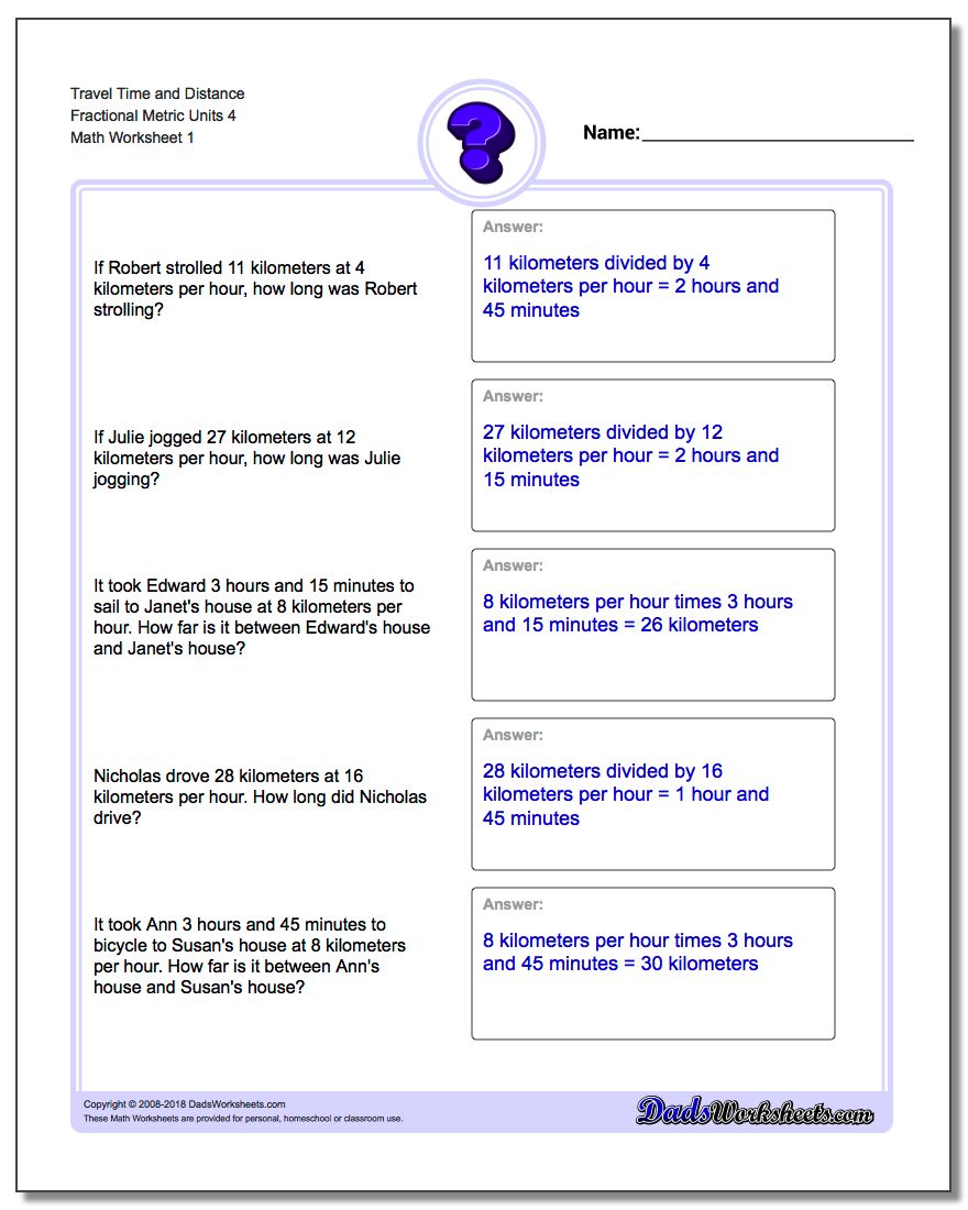 Travel Time and Distance Fraction Worksheetal Metric Units 4 Word Problems Worksheet