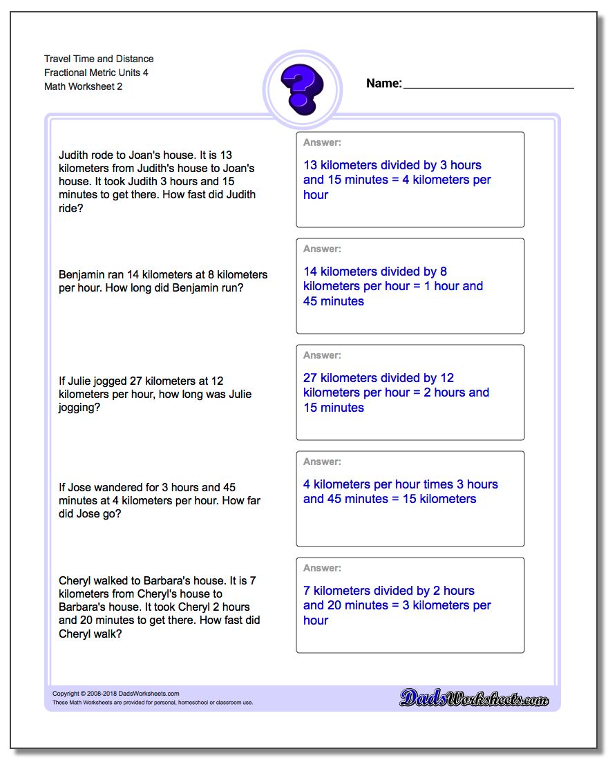 Travel Time and Distance Fraction Worksheetal Metric Units 4 www.dadsworksheets.com/worksheets/word-problems.html