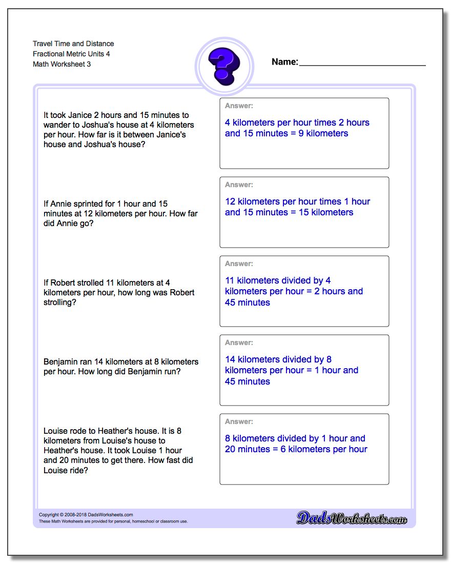 Travel Time and Distance Fraction Worksheetal Metric Units 4