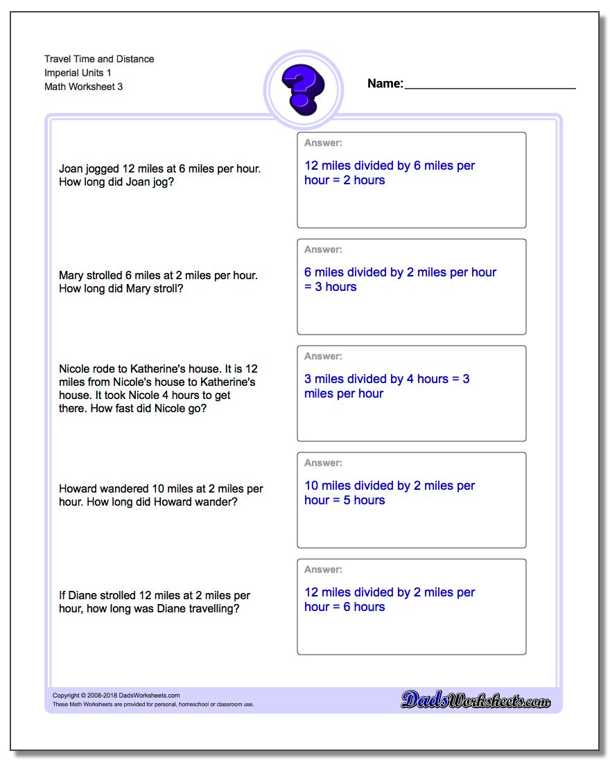 Travel Time and Distance Imperial Units 1 Worksheet