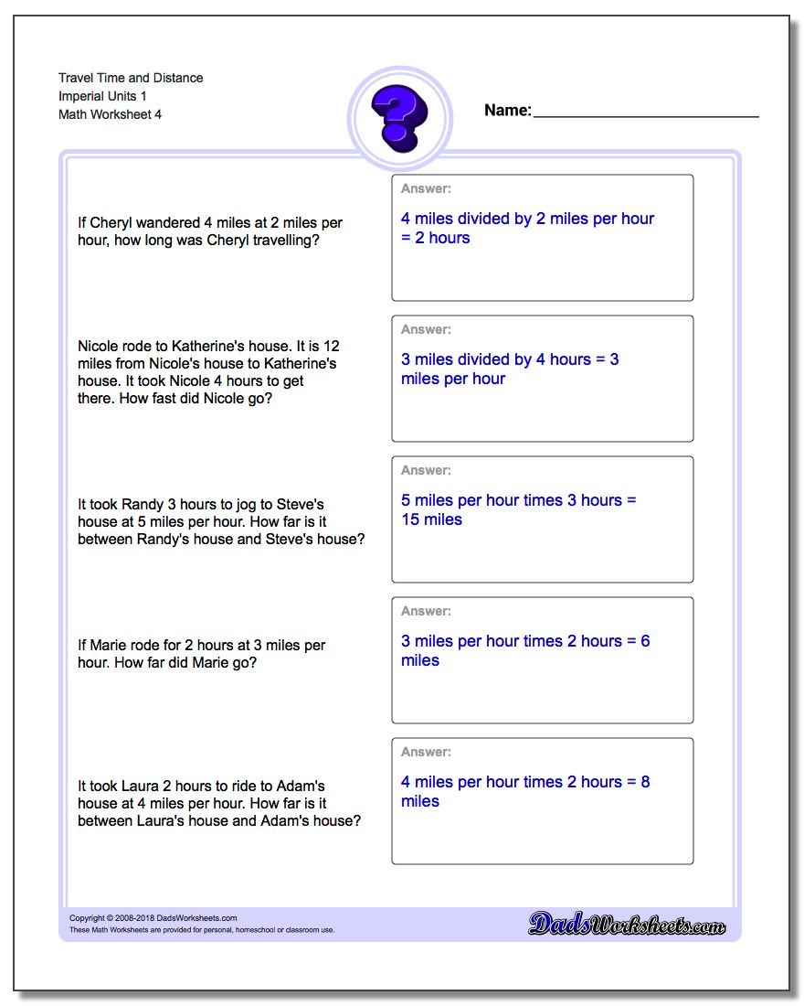 Travel Time and Distance Imperial Units 1 Worksheet