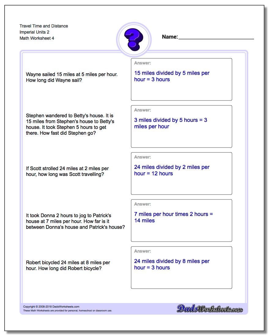 Travel Time and Distance Imperial Units 2 Worksheet