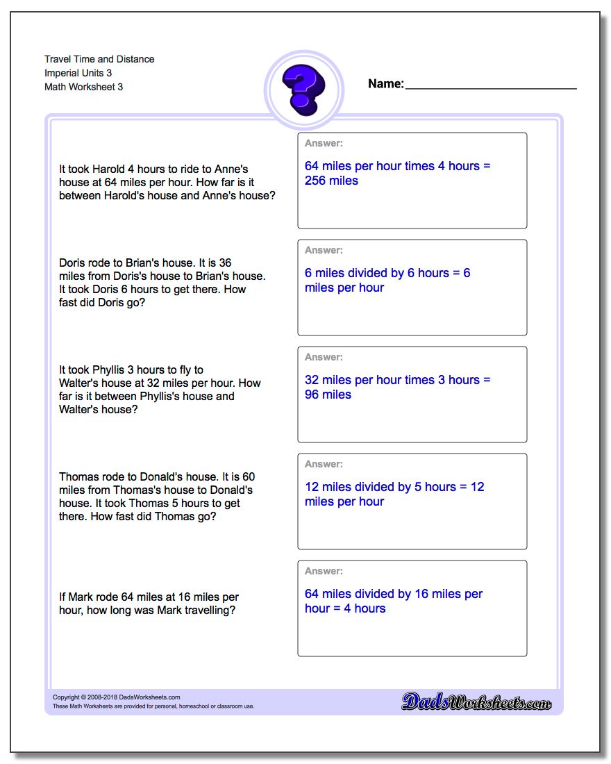 Travel Time and Distance Imperial Units 3 Worksheet