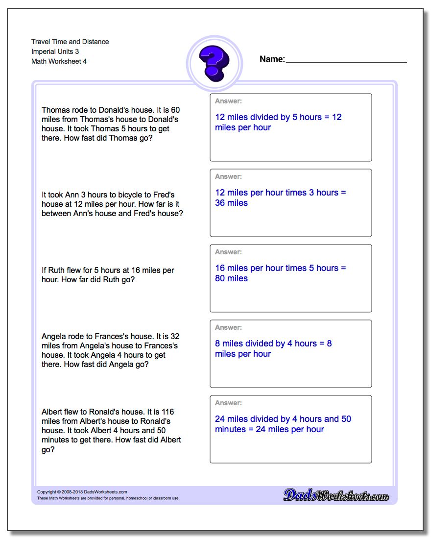 Travel Time and Distance Imperial Units 3 Worksheet