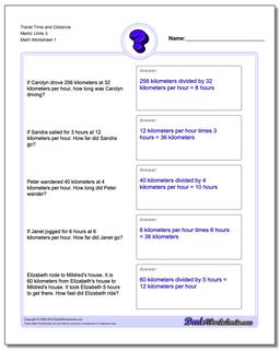 Travel Time and Distance Metric Units 3 Word Problems Worksheet