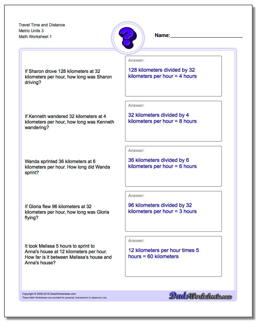 Travel Time and Distance Metric Units 3 Word Problems Worksheet