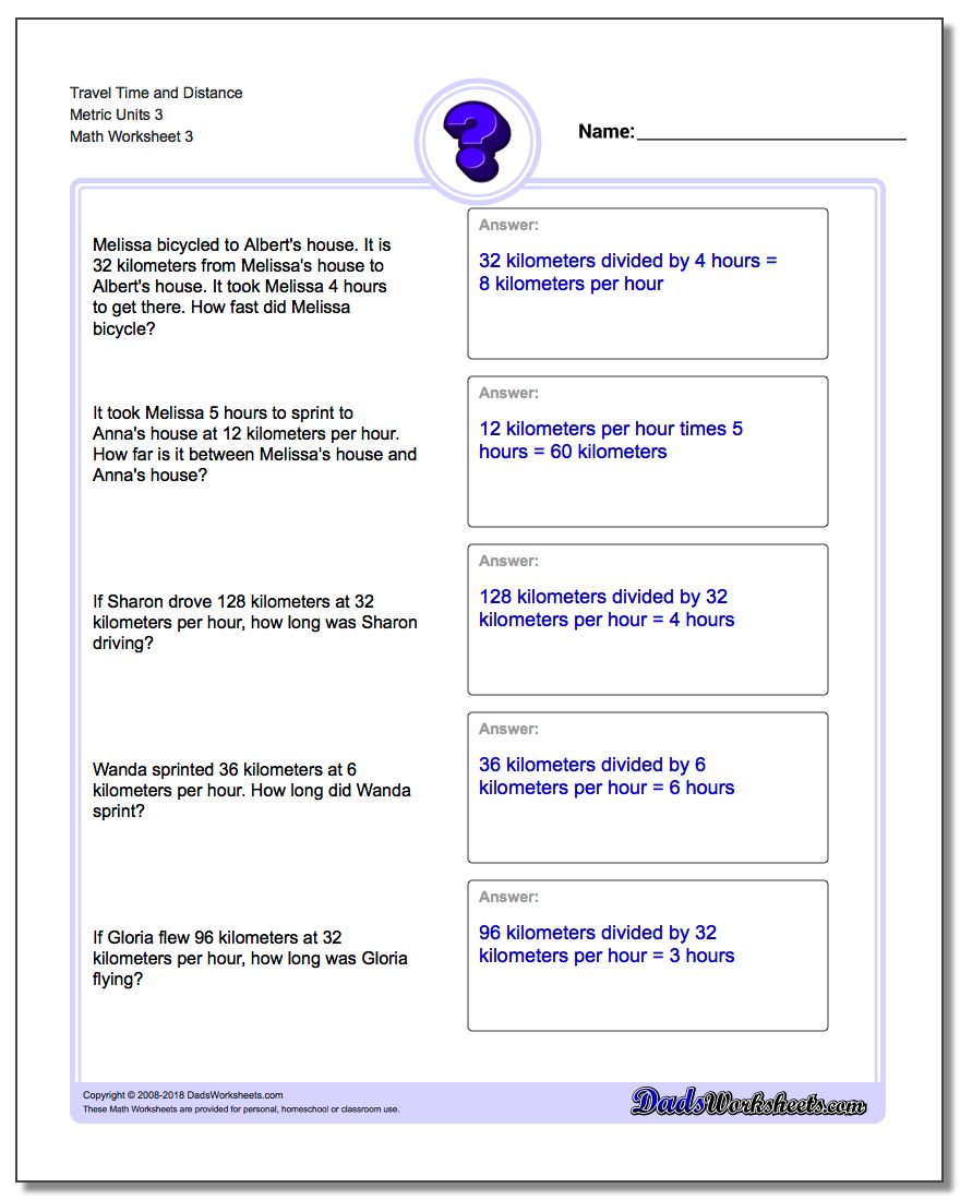 Travel Time and Distance Metric Units 3 Worksheet