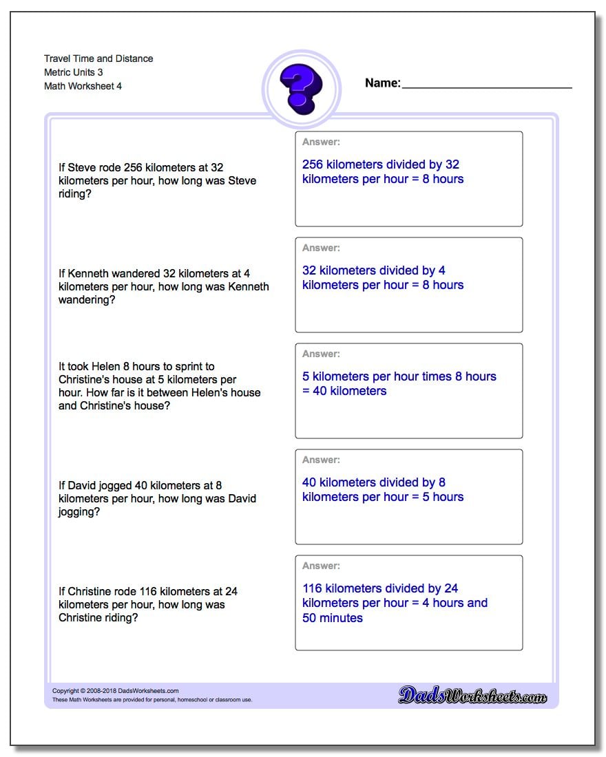 Travel Time and Distance Metric Units 3 Worksheet